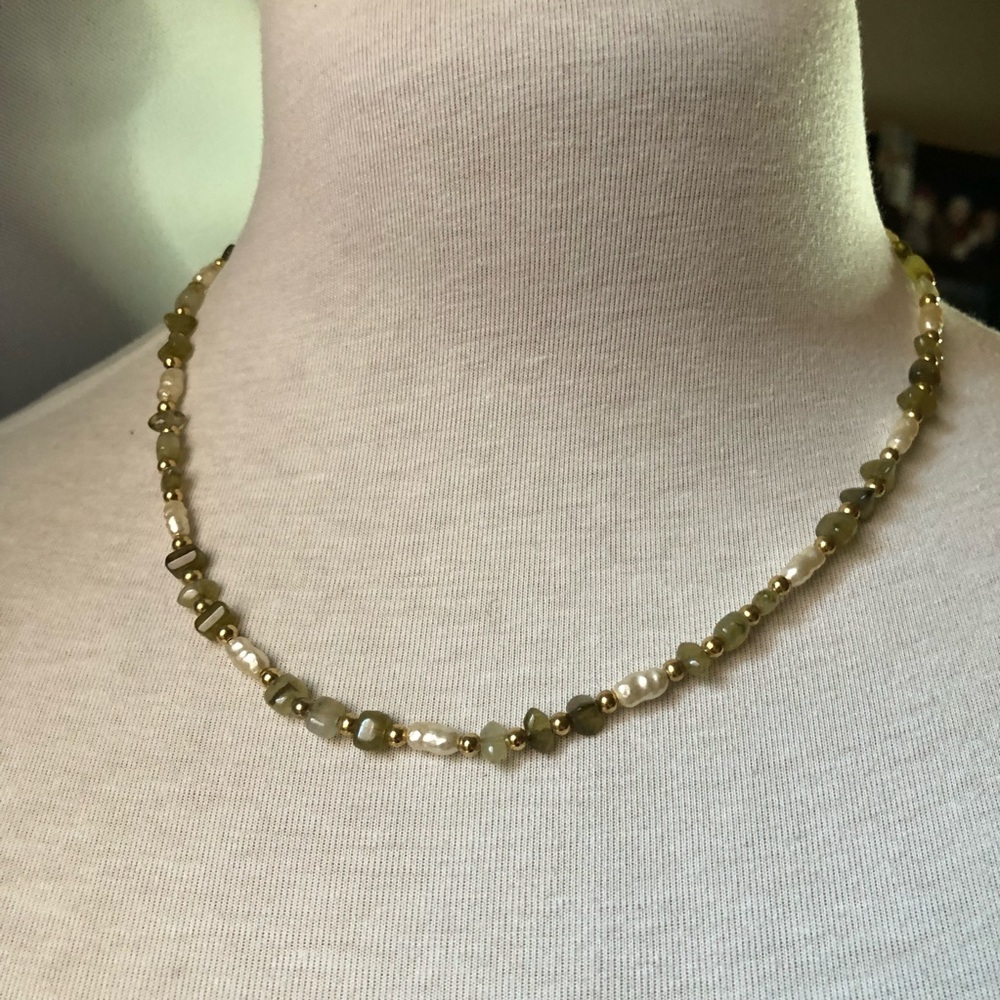 Napier necklace, fresh water pearl, stone, and gold beads on a delicate chain